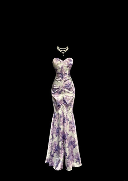 Élégante Robe de Bal Longue Sirène Coeur en Satin Fleuri Plissé Sans Manches MP644