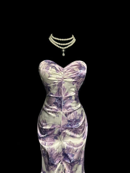 Élégante Robe de Bal Longue Sirène Coeur en Satin Fleuri Plissé Sans Manches MP644