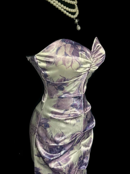Élégante Robe de Bal Longue Sirène Coeur en Satin Fleuri Plissé Sans Manches MP644