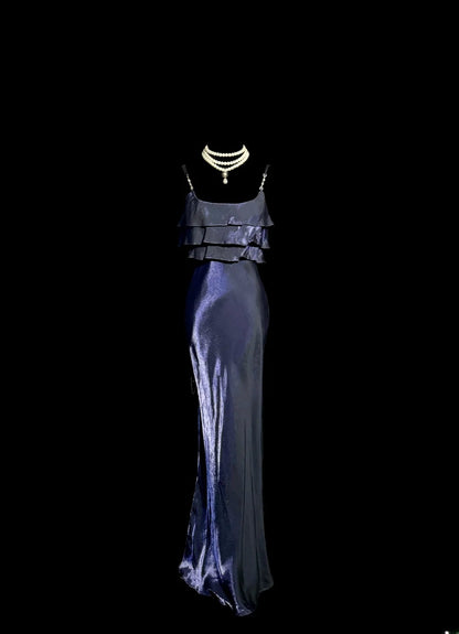 Classy Mermaid Spaghetti Strap Navy Blue With Pleated Sleeveless Floor Length Prom Dresses MP645