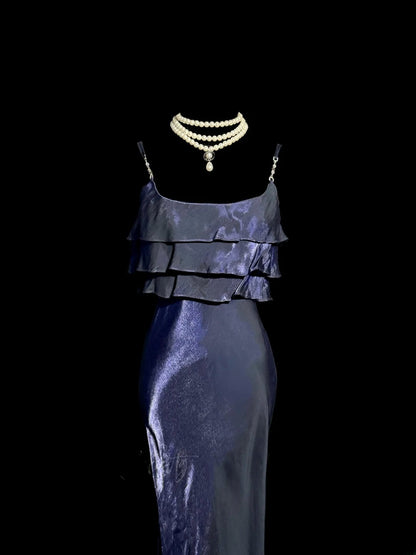 Classy Mermaid Spaghetti Strap Navy Blue With Pleated Sleeveless Floor Length Prom Dresses MP645