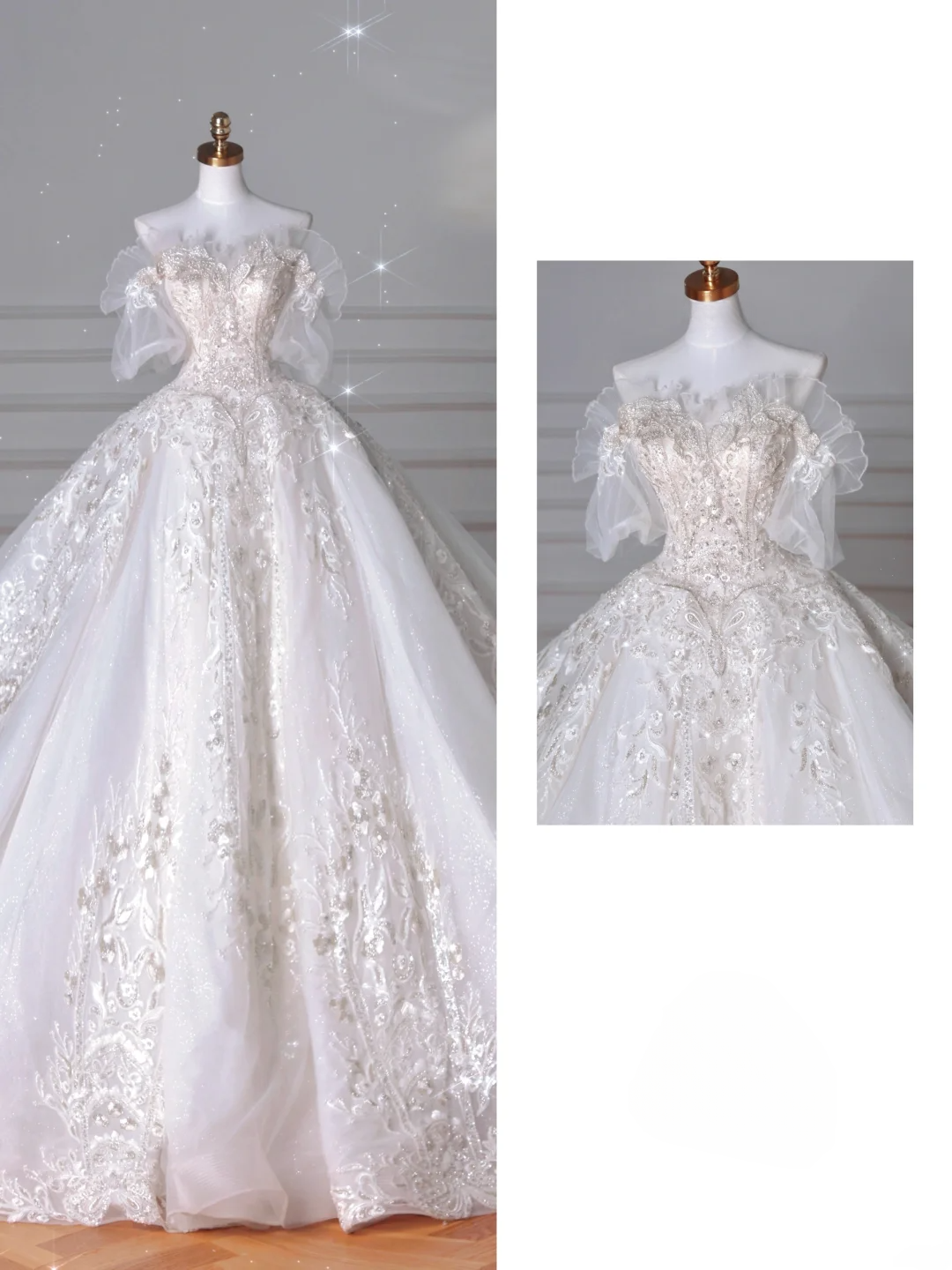 Wedding Dresses Fairytale Princesses Ball Gown Strapless Appliques Tulle With Sleeves Sweep Train Bridal Gown Wedding Dresses MP060