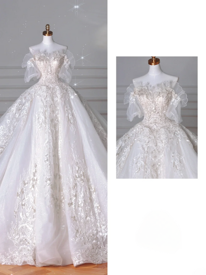 Wedding Dresses Fairytale Princesses Ball Gown Strapless Appliques Tulle With Sleeves Sweep Train Bridal Gown Wedding Dresses MP060