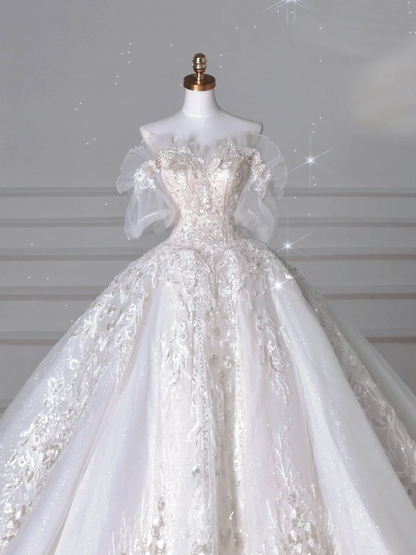 Wedding Dresses Fairytale Princesses Ball Gown Strapless Appliques Tulle With Sleeves Sweep Train Bridal Gown Wedding Dresses MP060