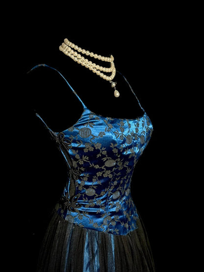 Élégante Robe de Bal Longue Bleu Royal Coupe Droite à Fines Bretelles Brodée Sans Manches MP646