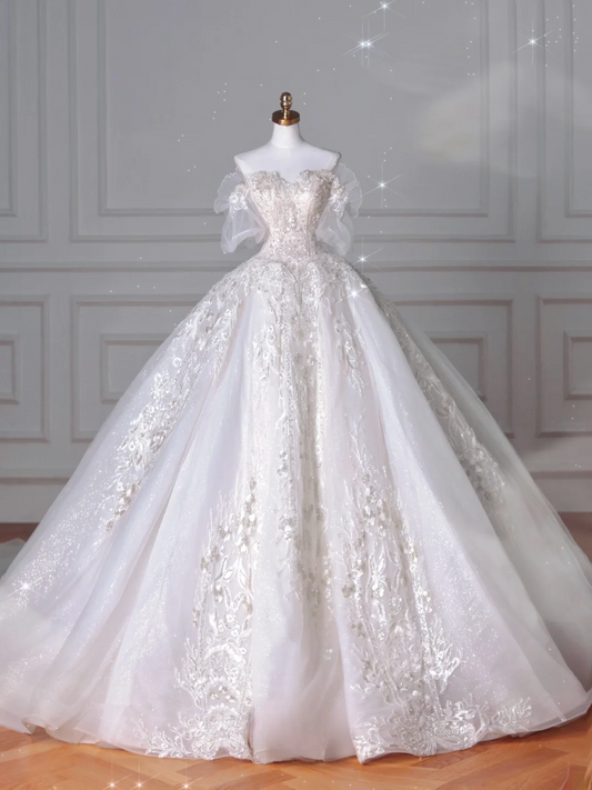 Wedding Dresses Fairytale Princesses Ball Gown Strapless Appliques Tulle With Sleeves Sweep Train Bridal Gown Wedding Dresses MP060