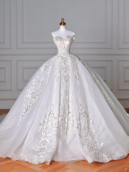 Wedding Dresses Fairytale Princesses Ball Gown Strapless Appliques Tulle With Sleeves Sweep Train Bridal Gown Wedding Dresses MP060