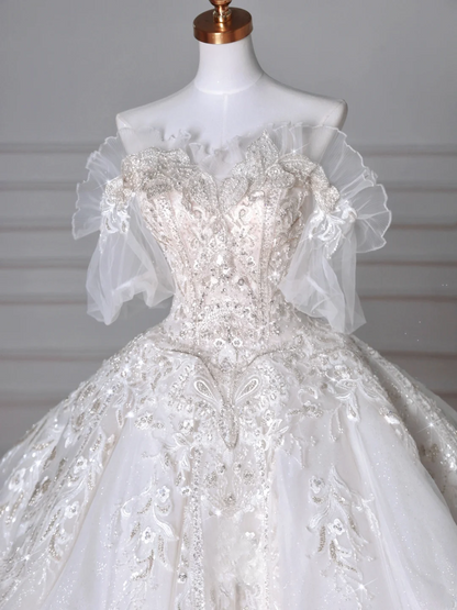 Wedding Dresses Fairytale Princesses Ball Gown Strapless Appliques Tulle With Sleeves Sweep Train Bridal Gown Wedding Dresses MP060