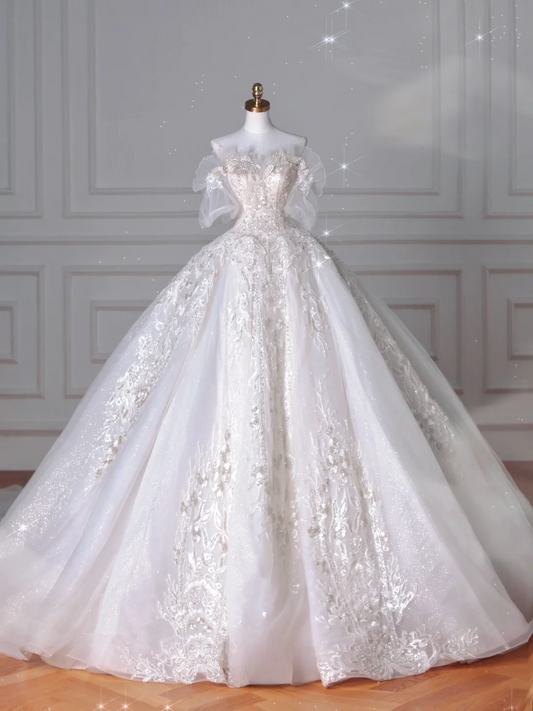 Wedding Dresses Fairytale Princesses Ball Gown Strapless Appliques Tulle With Sleeves Sweep Train Bridal Gown Wedding Dresses MP060