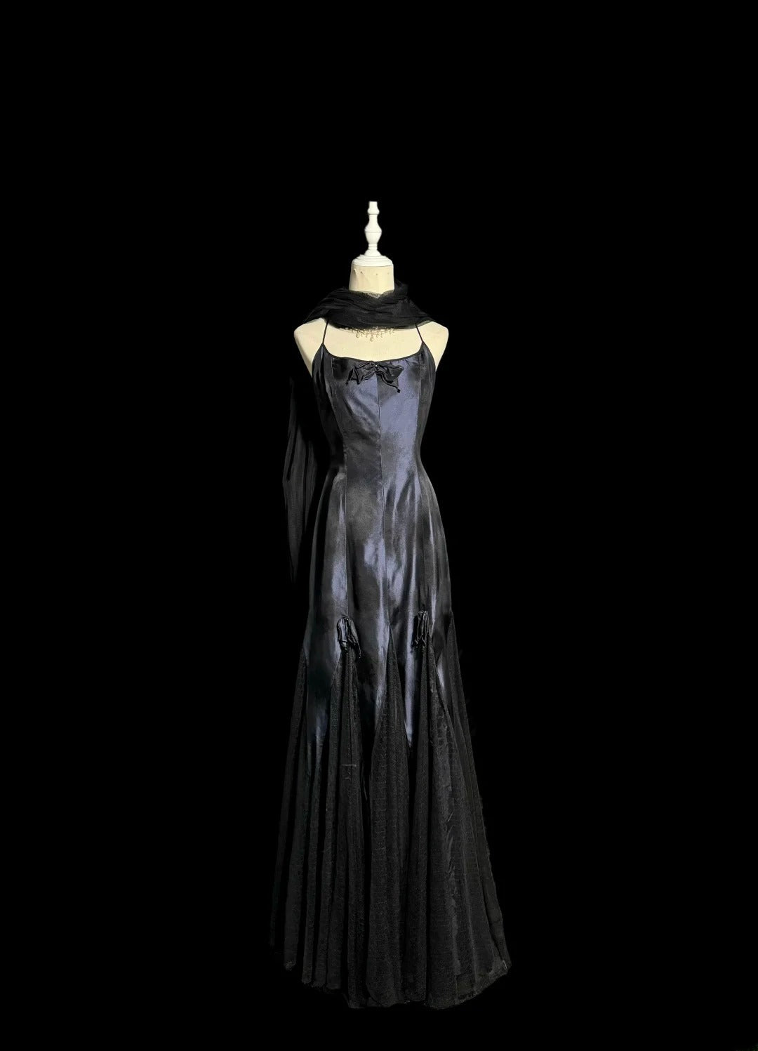 Classy Mermaid Spaghetti Strap Black With Embroidery Cape Floor Length Prom Dresses MP647