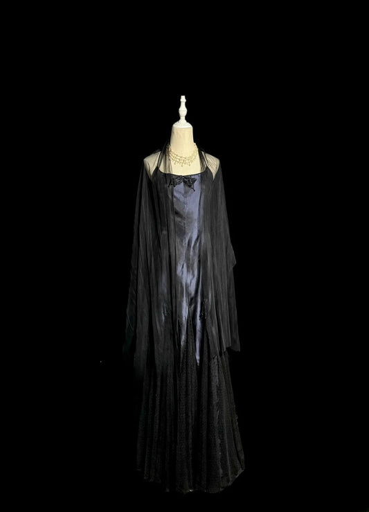 Classy Mermaid Spaghetti Strap Black With Embroidery Cape Floor Length Prom Dresses MP647