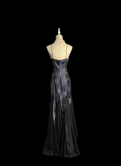Classy Mermaid Spaghetti Strap Black With Embroidery Cape Floor Length Prom Dresses MP647