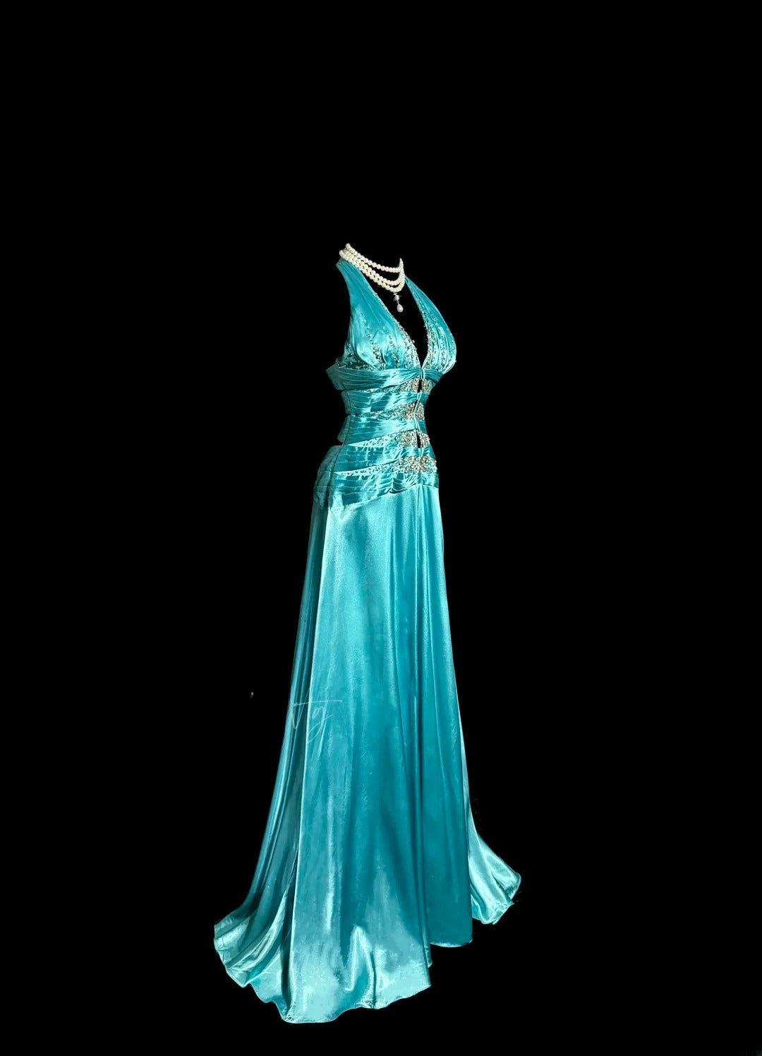 Robe de soirée élégante bleu sans manches avec bretelles perlées, longueur ras du sol, pour bal de promo MP648