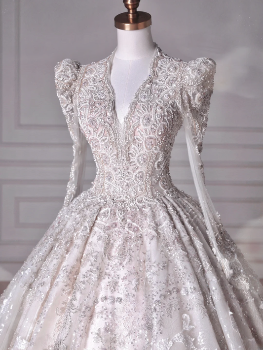 Wedding Dresses Fairytale Princesses Ball Gown V Neck Long Sleeves Appliques Tulle With Beadings Sweep Train Bridal Gown Wedding Dresses MP061