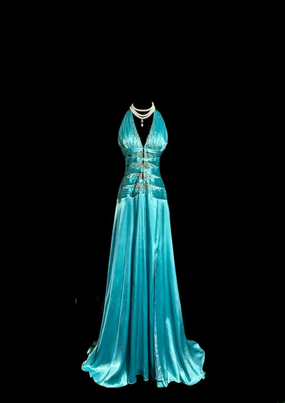 Robe de soirée élégante bleu sans manches avec bretelles perlées, longueur ras du sol, pour bal de promo MP648