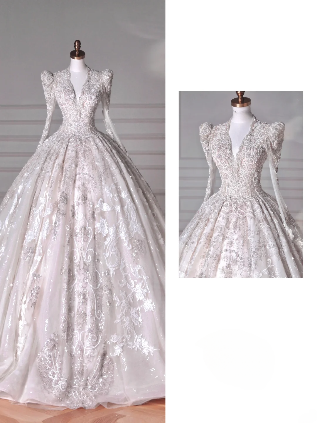 Robes de mariée Robes de bal de princesse de conte de fées Col en V Manches longues Appliques Tulle avec perles Traîne Balayage Robe de mariée MP061