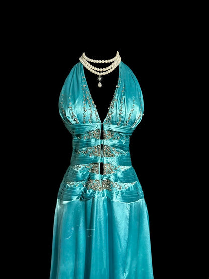 Robe de soirée élégante bleu sans manches avec bretelles perlées, longueur ras du sol, pour bal de promo MP648