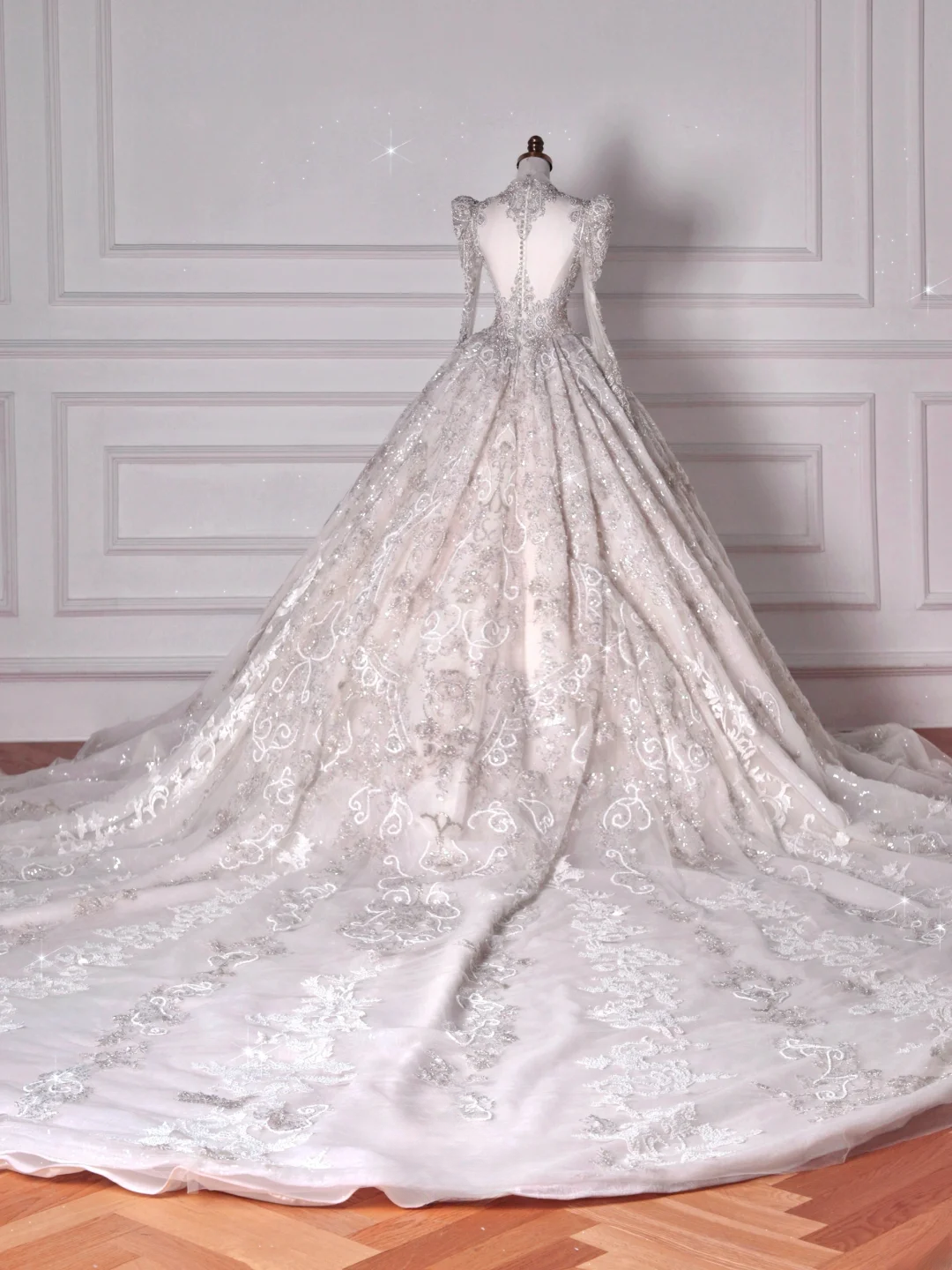 Robes de mariée Robes de bal de princesse de conte de fées Col en V Manches longues Appliques Tulle avec perles Traîne Balayage Robe de mariée MP061