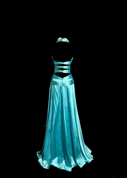 Robe de soirée élégante bleu sans manches avec bretelles perlées, longueur ras du sol, pour bal de promo MP648