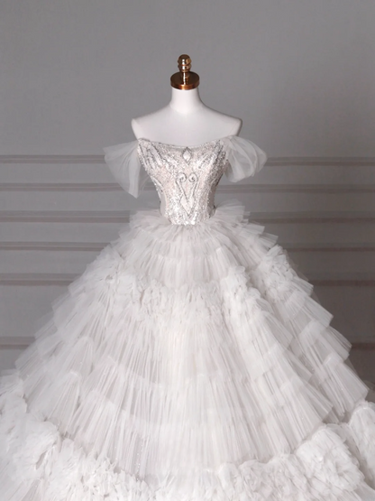 Wedding Dresses Fairytale Princesses Ball Gown Off The Shoulder Short Sleeves Tulle With Beadings Sweep Train Bridal Gown Wedding Dresses MP062