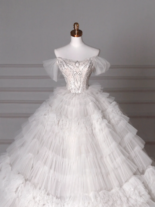 Wedding Dresses Fairytale Princesses Ball Gown Off The Shoulder Short Sleeves Tulle With Beadings Sweep Train Bridal Gown Wedding Dresses MP062