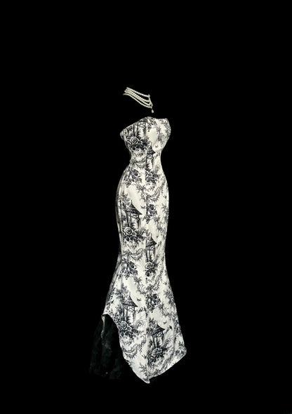 Elegantes Meerjungfrauen-Trägerloses Schwarzes Ärmelloses Langes Festliches Abendkleid Ballkleid MP650