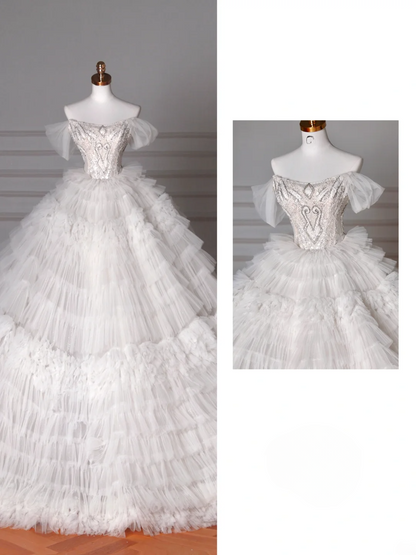 Wedding Dresses Fairytale Princesses Ball Gown Off The Shoulder Short Sleeves Tulle With Beadings Sweep Train Bridal Gown Wedding Dresses MP062