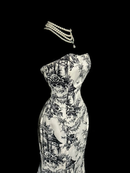 Elegantes Meerjungfrauen-Trägerloses Schwarzes Ärmelloses Langes Festliches Abendkleid Ballkleid MP650