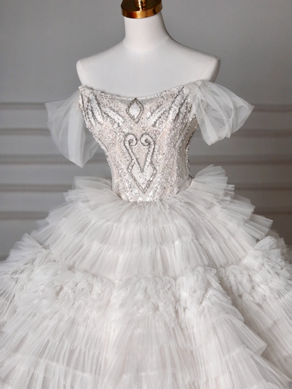 Wedding Dresses Fairytale Princesses Ball Gown Off The Shoulder Short Sleeves Tulle With Beadings Sweep Train Bridal Gown Wedding Dresses MP062