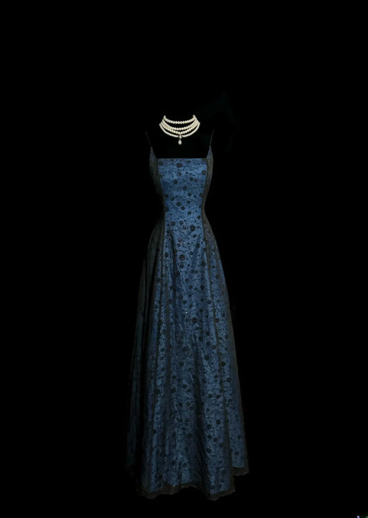 Glamorous A Line Spaghetti Strap Blue Satin Black Lace With Corset Top Sleeveless Floor Length Prom Dresses MP651