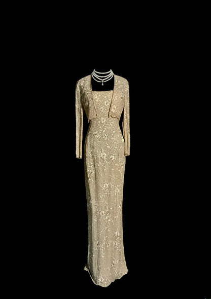 Elegante Meerjungfrauen-Abendkleid mit Spaghettiträgern, Champagnerfarben, Stickerei, Jacke, bodenlang, MP652