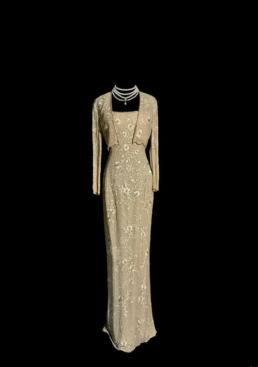 Classy Mermaid Spaghetti Strap Champagne With Embroidery Jacket Floor Length Prom Dresses MP652