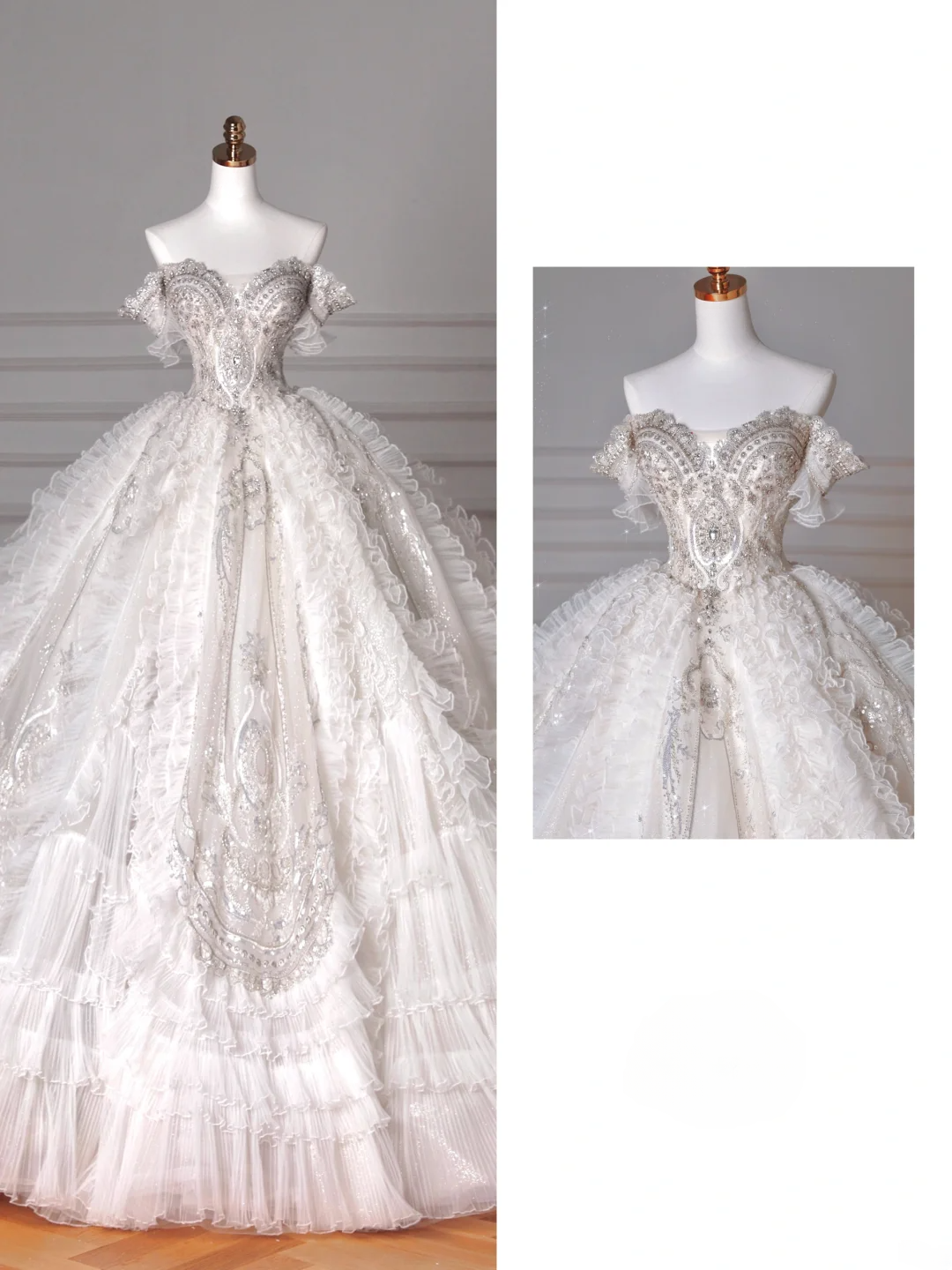 Robes de mariée de luxe Robes de bal princesse féérique Épaules dénudées Manches courtes Tulle à volants superposés Traîne Robes de mariée MP063