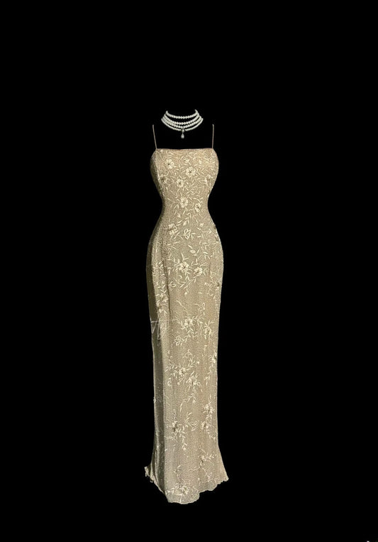 Classy Mermaid Spaghetti Strap Champagne With Embroidery Jacket Floor Length Prom Dresses MP652