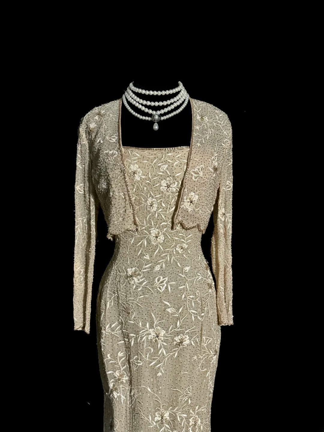 Elegante Meerjungfrauen-Abendkleid mit Spaghettiträgern, Champagnerfarben, Stickerei, Jacke, bodenlang, MP652