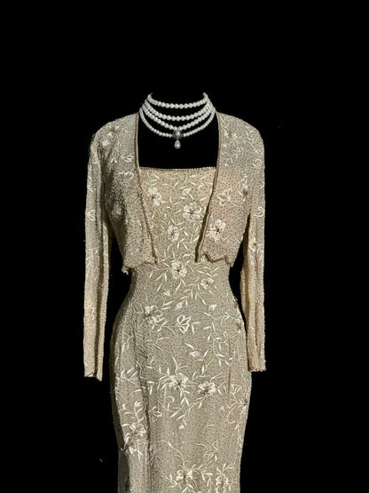 Elegante Meerjungfrauen-Abendkleid mit Spaghettiträgern, Champagnerfarben, Stickerei, Jacke, bodenlang, MP652