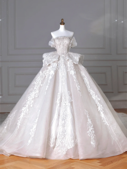 Ball Gown Strapless Sequin With Tulle Sleeves Silver Beads White Sweep Train Princess Bridal Gowns Wedding Dresses MP064