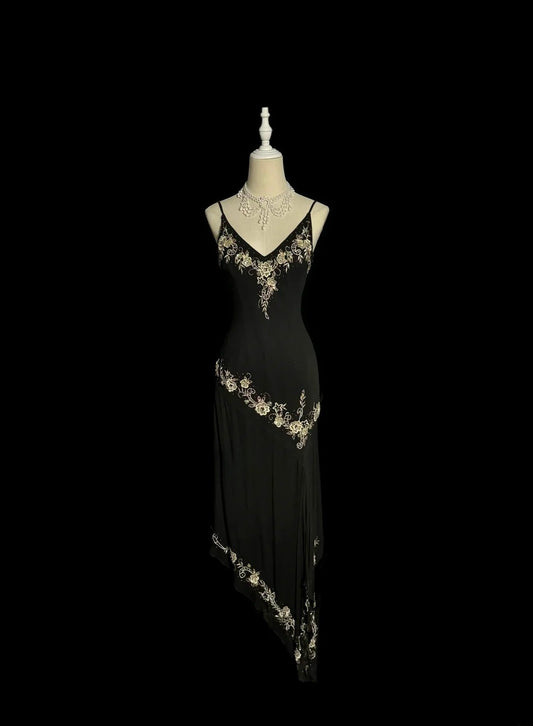 Classy Mermaid Spaghetti Strap Black With Embroidery Floor Length Prom Dresses MP653