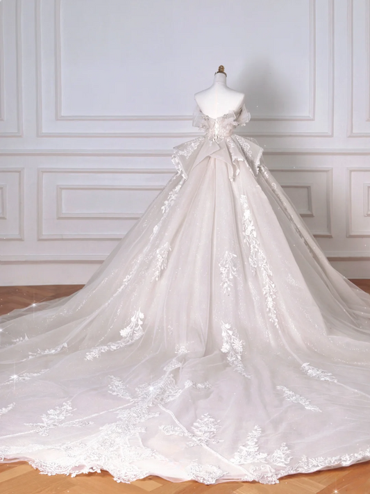 Ball Gown Strapless Sequin With Tulle Sleeves Silver Beads White Sweep Train Princess Bridal Gowns Wedding Dresses MP064