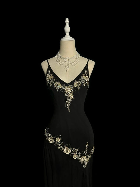 Classy Mermaid Spaghetti Strap Black With Embroidery Floor Length Prom Dresses MP653