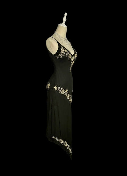 Classy Mermaid Spaghetti Strap Black With Embroidery Floor Length Prom Dresses MP653