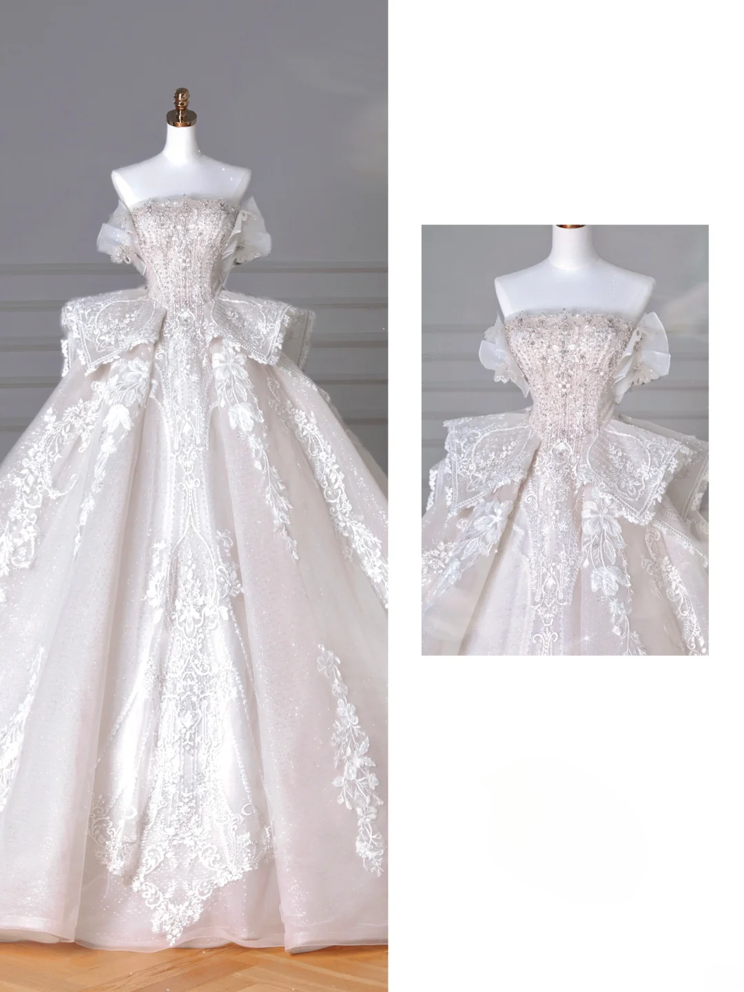 Ball Gown Strapless Sequin With Tulle Sleeves Silver Beads White Sweep Train Princess Bridal Gowns Wedding Dresses MP064