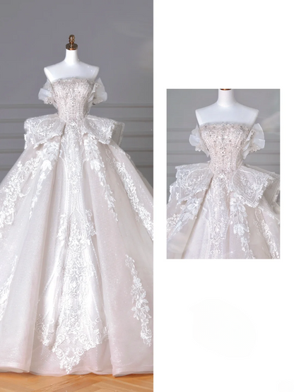 Ball Gown Strapless Sequin With Tulle Sleeves Silver Beads White Sweep Train Princess Bridal Gowns Wedding Dresses MP064