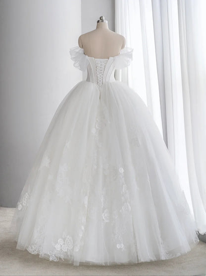 Elegantes Ballkleid schulterfrei aus weißem Tüll mit Flügelärmeln Prinzessinnen-Brautkleid lange Hochzeitskleider MP262