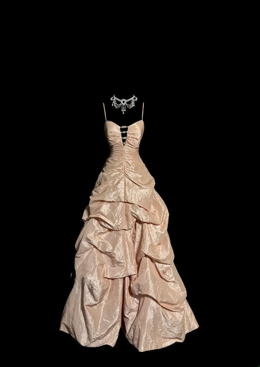 Classy Ball Gown Spaghetti Strap Blush Pink With Beaded Long Evening Formal Prom Dresses MP654