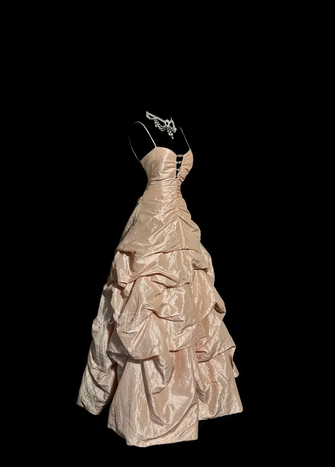 Robe de soirée élégante rose poudré à fines bretelles avec perles, longue pour bal de promo MP654