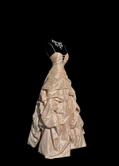 Robe de soirée élégante rose poudré à fines bretelles avec perles, longue pour bal de promo MP654