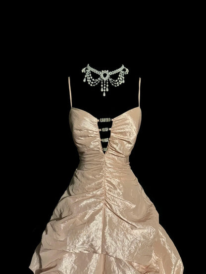 Robe de soirée élégante rose poudré à fines bretelles avec perles, longue pour bal de promo MP654