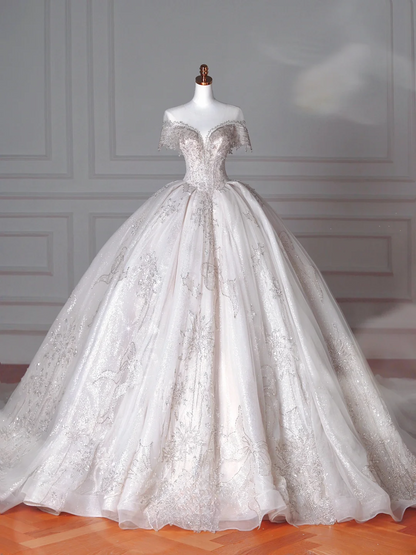 Robes de mariée de luxe Princesses de conte de fées Robe de bal Col bateau Manches courtes Tulle avec perles Traîne de balayage Robes de mariée MP066