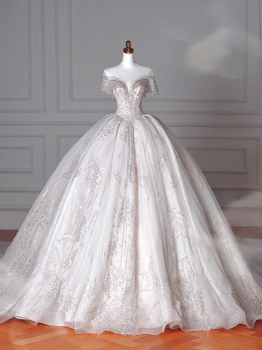 Robes de mariée de luxe Princesses de conte de fées Robe de bal Col bateau Manches courtes Tulle avec perles Traîne de balayage Robes de mariée MP066